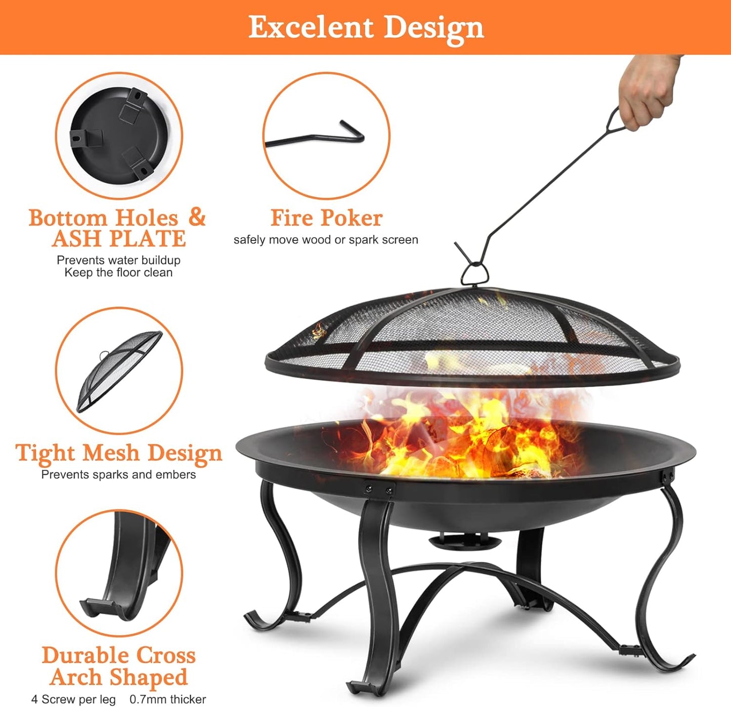 AMERICAN FYRE DESIGN Fire Pit for Outside 30 inch Firepit Outdoor Wood Burning Bonfire Pit Steel Portable Firepits Bowl for Patio Backyard Camping,with Ash Plate,Spark Screen,Log Grate,Poker, bronze