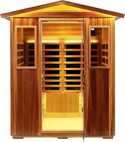 KANLANTH Red Cedar Outdoor Sauna 4 Person Low EMF Far Infrared Sauna for Home, 2,050watt, Indoor and Outdoor Home Sauna with Bluetooth, LCD, LED