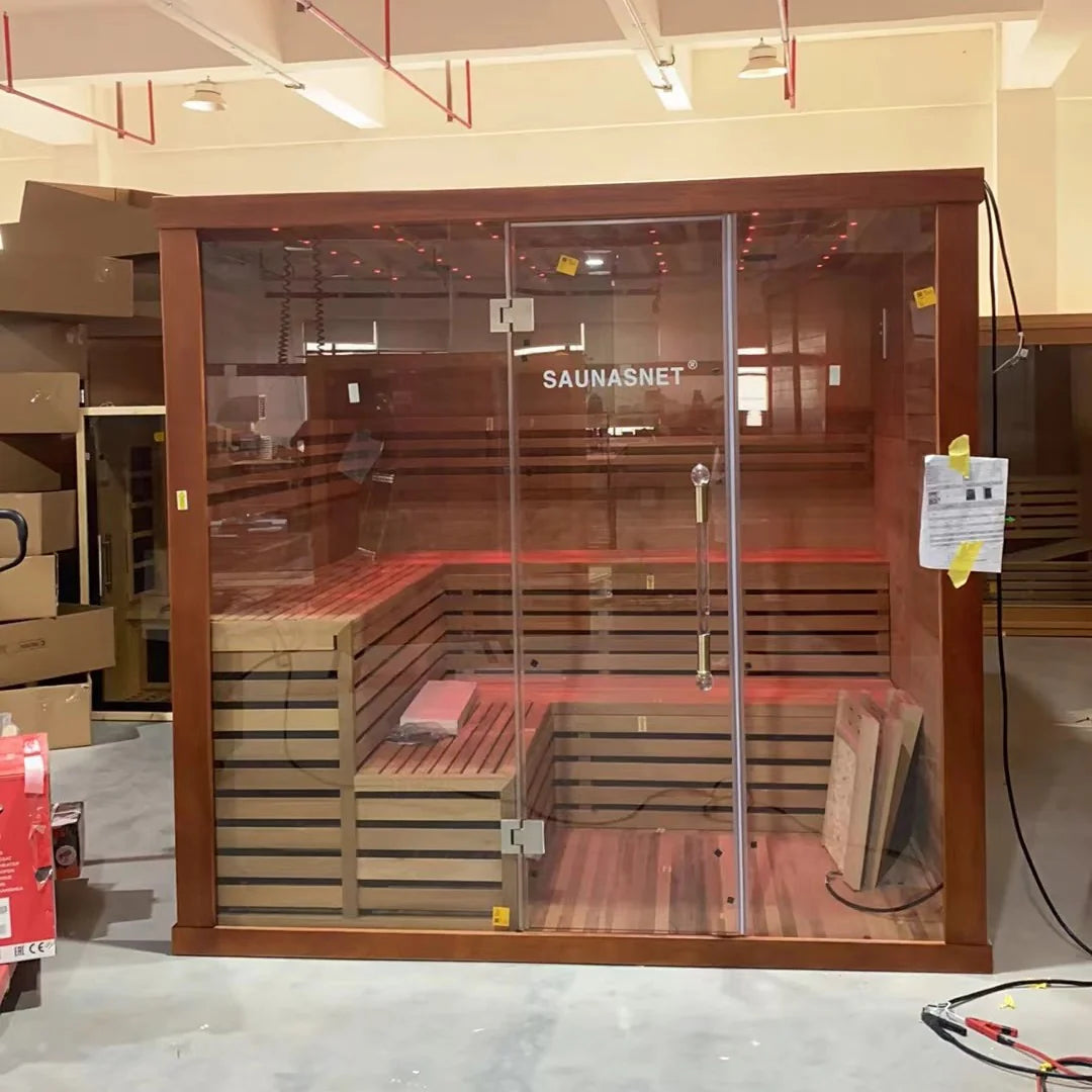 SAUNASNET Indoor Therapy Wood Steam Sauna Rooms（Double Bench）Glass